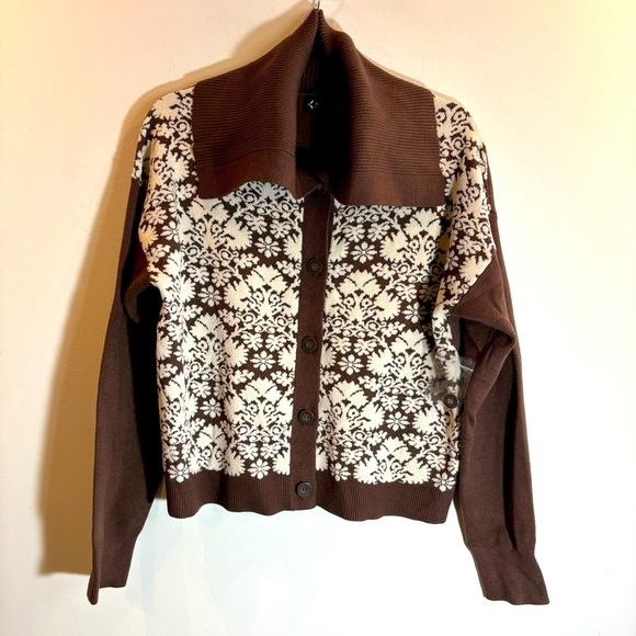 NANETTE LEPORE Sz L Brocade Design  Floral Large Collar Cardigan New with No Tag - Picture 1 of 8